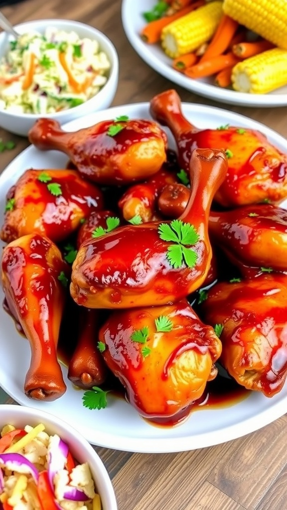 Oven-baked BBQ chicken thighs and drumsticks served on a platter with parsley and sides.